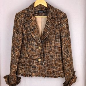 TRIBAL Brown Tweed Frayed Hem Fitted Cropped Blazer Jacket Size 8